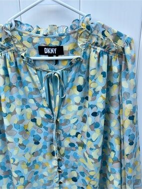 DKNY Aqua, Teal & Yellow Abstract Print Ruffle-Trim Blouse